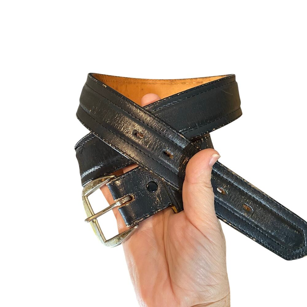 Vintage Black Leather Belt Wide Strap Silver Buckle Western Style 32
